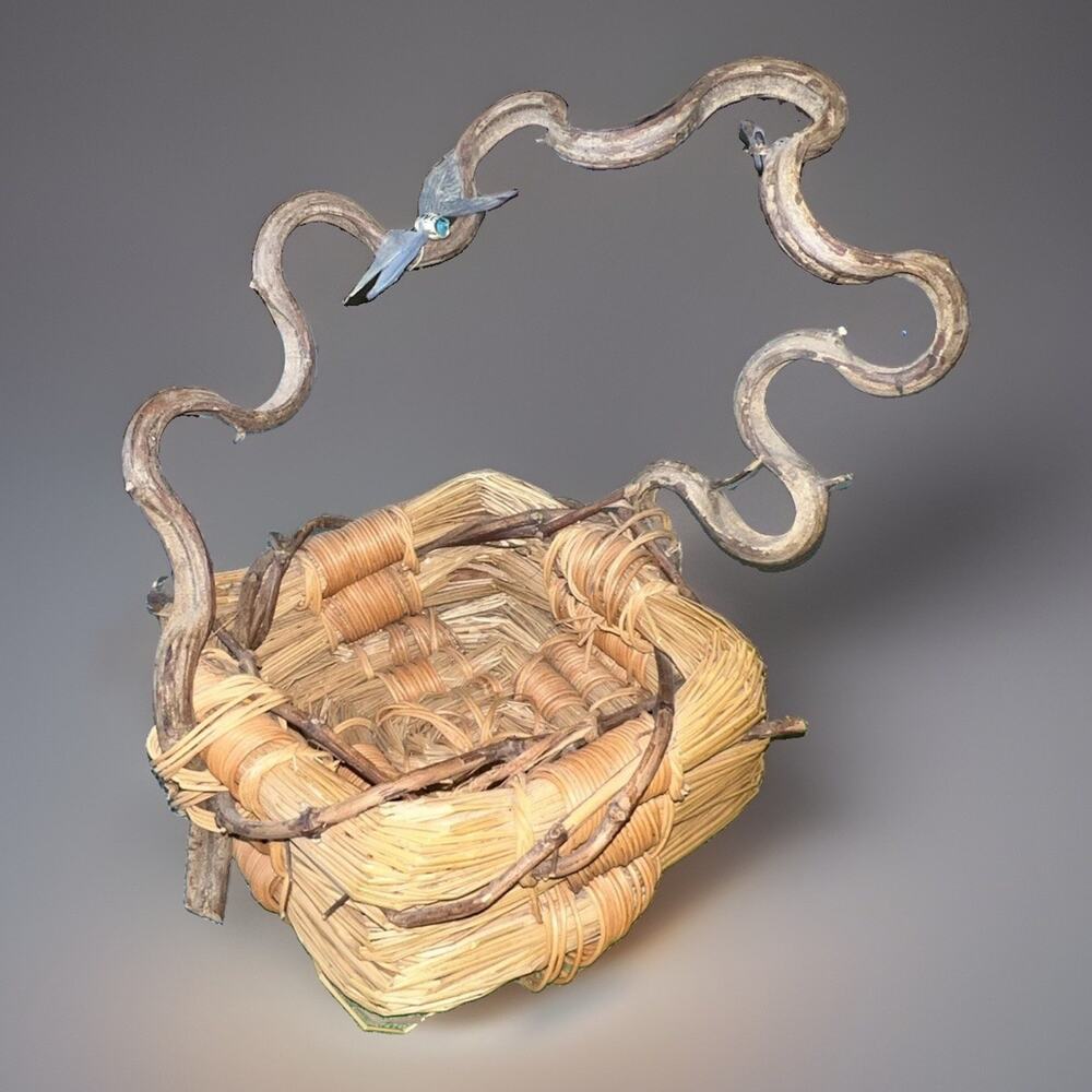 Artisan Vtg Rustic Handwoven Basket Vine Handle Dragonfly Woodland Whimsical